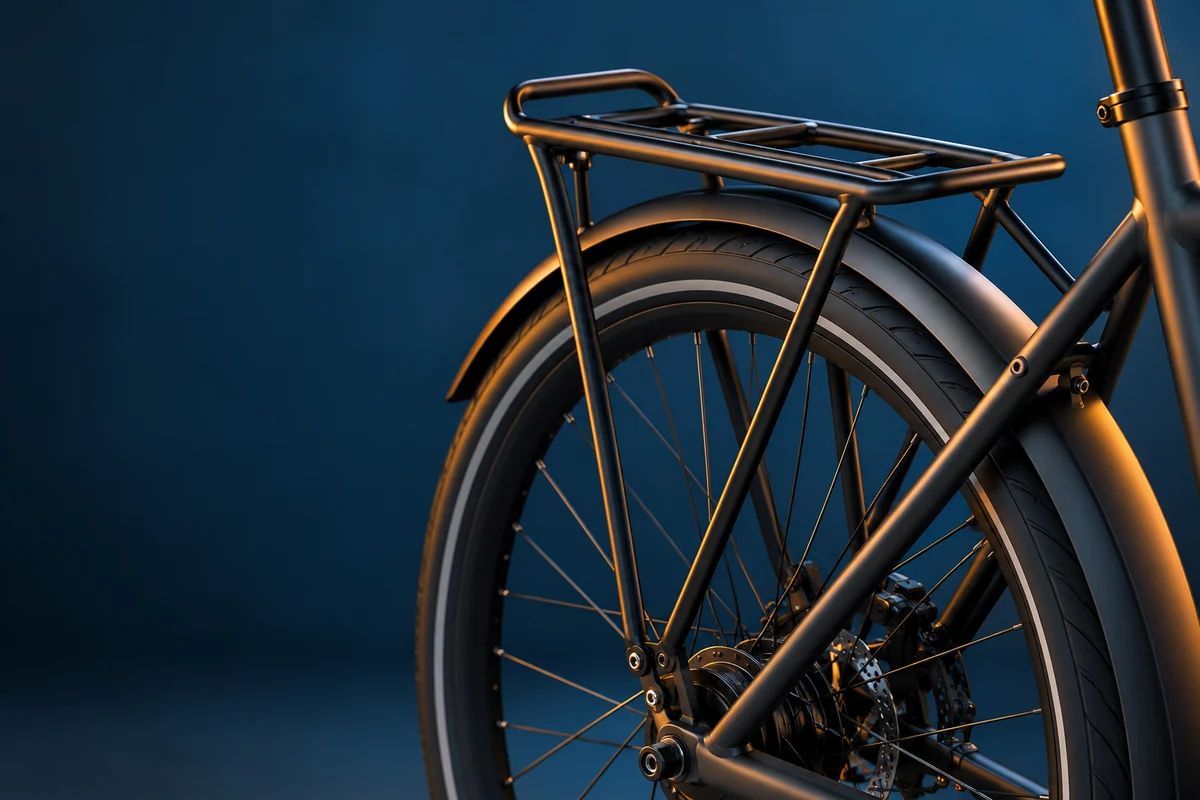 Unbranded bicycle carrier and rear wheel in a navy industrial studio